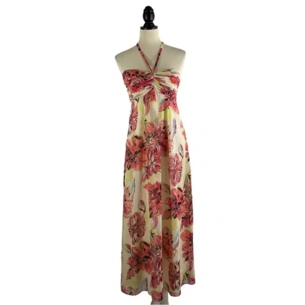LC Lauren Conrad Maxi Halter Dress Cream Pink/Red Floral Print, Size 8